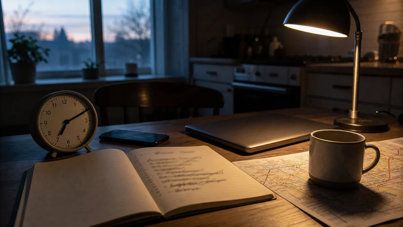 A quiet kitchen table at dawn with a notebook, analog clock, phone, laptop, coffee, and folded transit map.