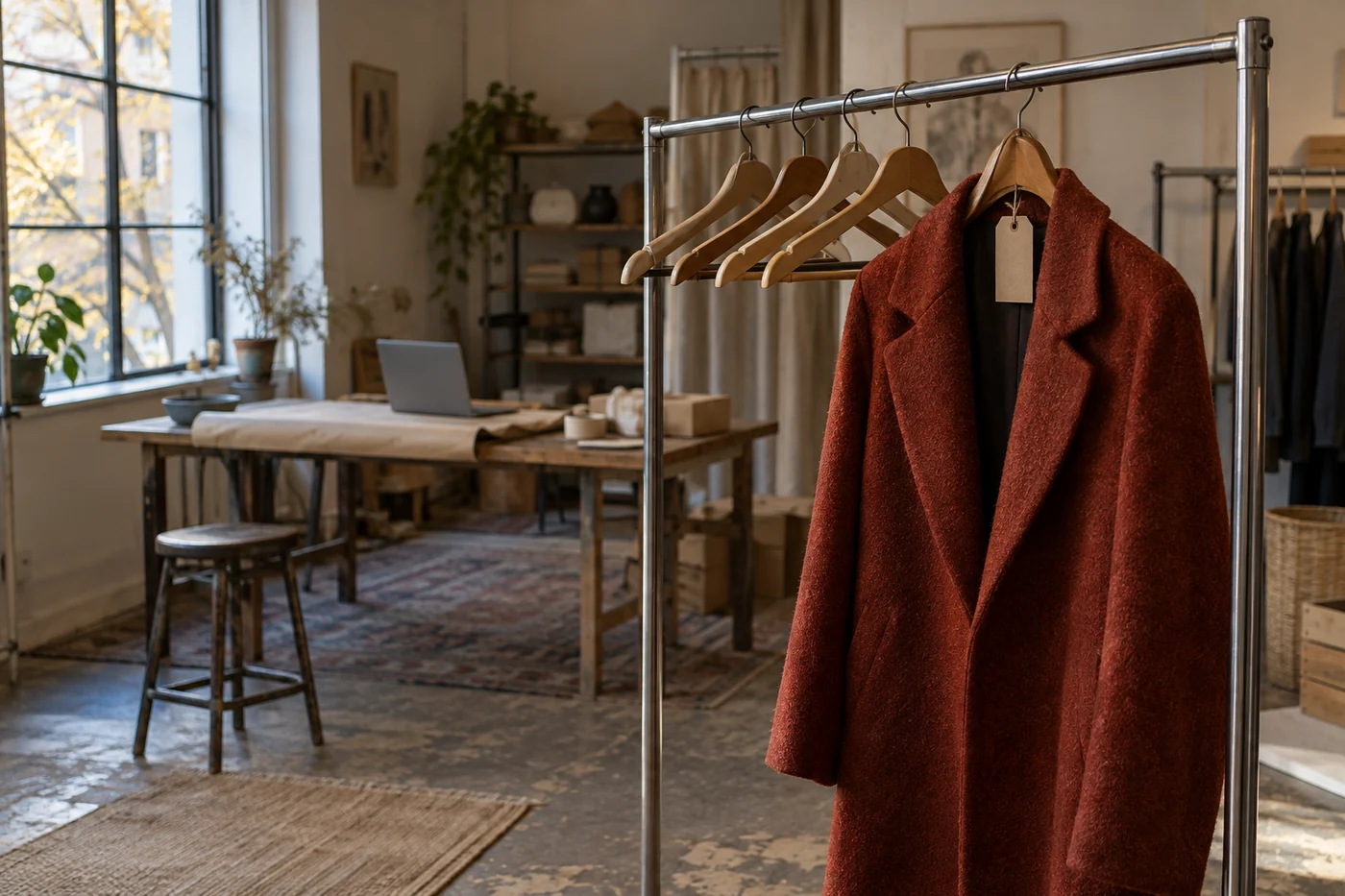 A rust-red wool coat hangs beside empty wooden hangers in a quiet secondhand shop.