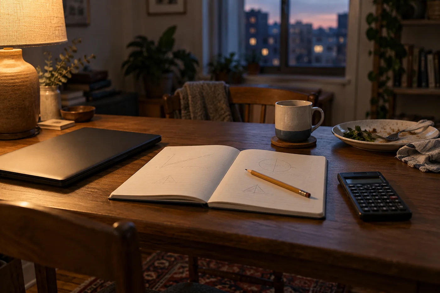 A closed laptop beside a notebook, pencil and calculator on a dining table after dinner.