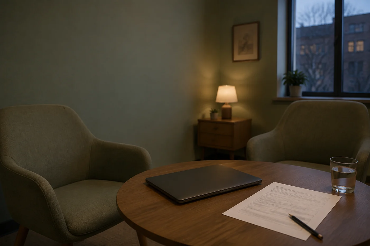 Two empty upholstered chairs face a wooden table with a closed laptop, paper feedback form, pencil and glass of water in a quiet room at dusk.