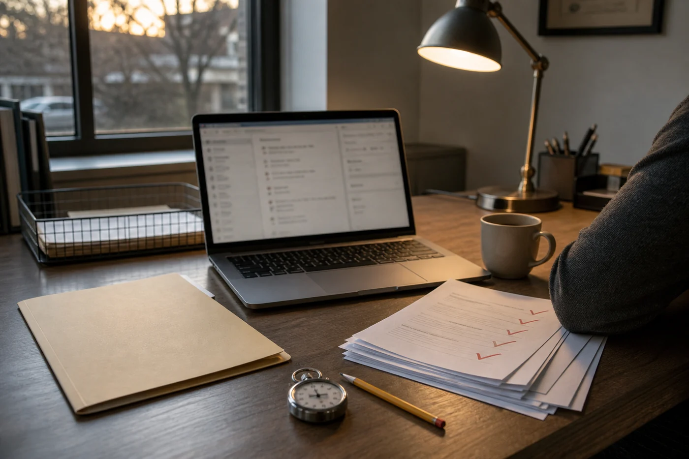 A small-office desk at dusk with an unbranded laptop, a neat file folder, a stack of returned papers with red checkmarks, a stopwatch and a coffee cup.