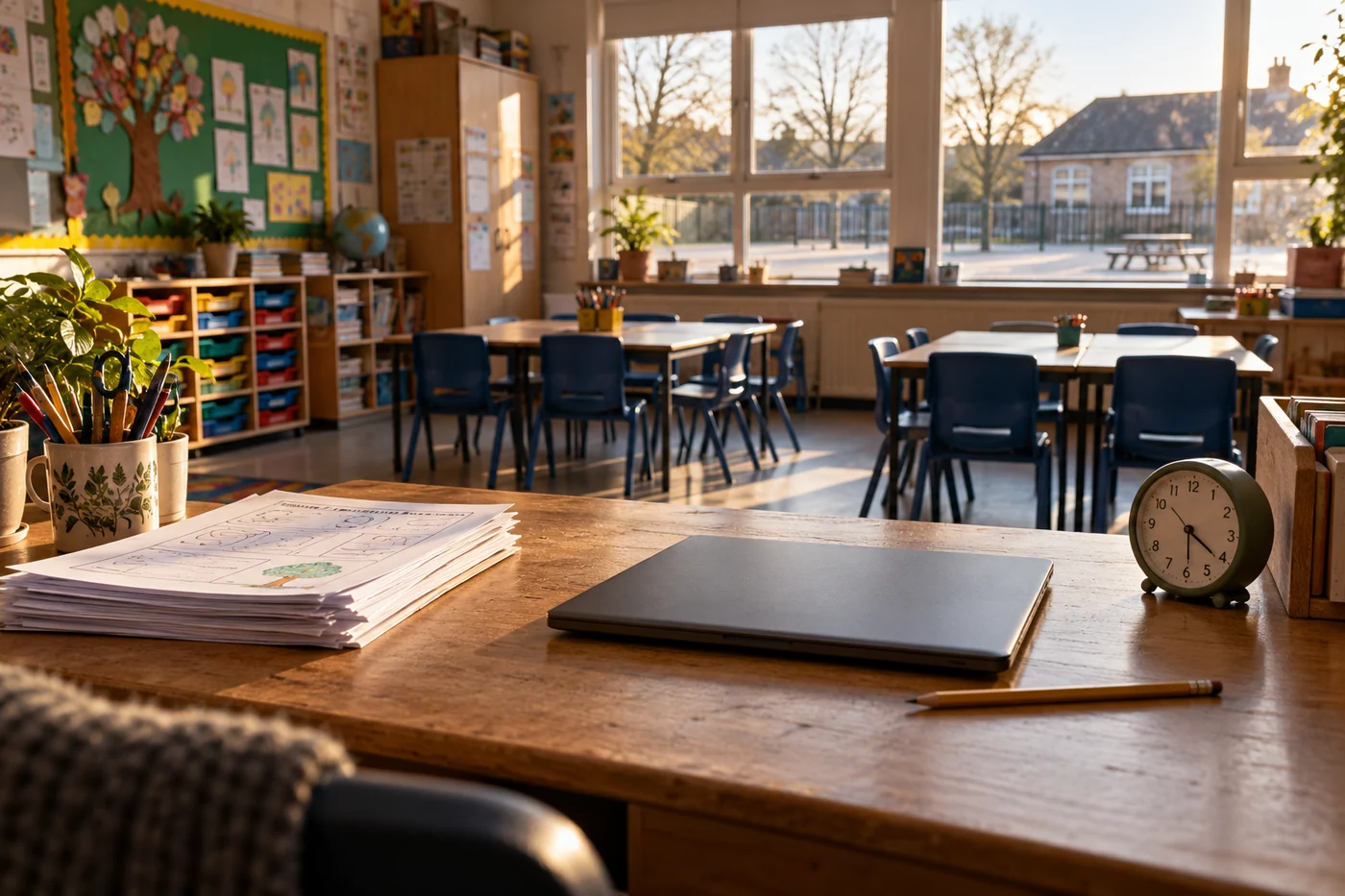 A closed laptop and prepared worksheets on a teacher's desk in an empty, sunlit primary classroom.