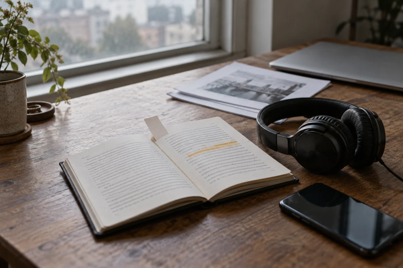 An open book with a highlighted passage beside headphones, a phone and loose pages on a window-lit desk.