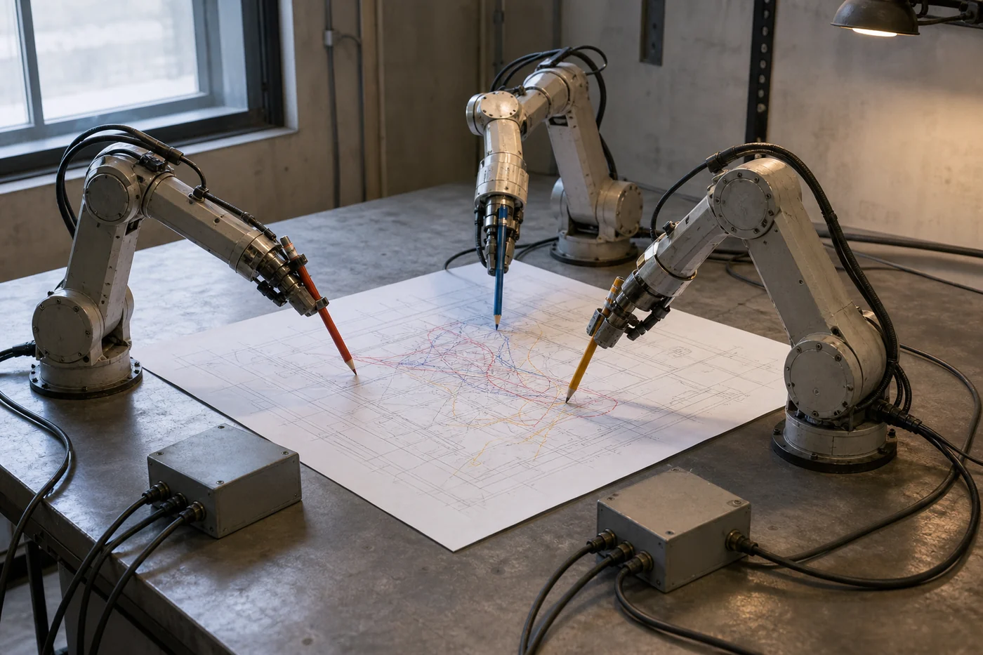 Three industrial robot arms draw conflicting colored routes over the same paper plan on a workbench.