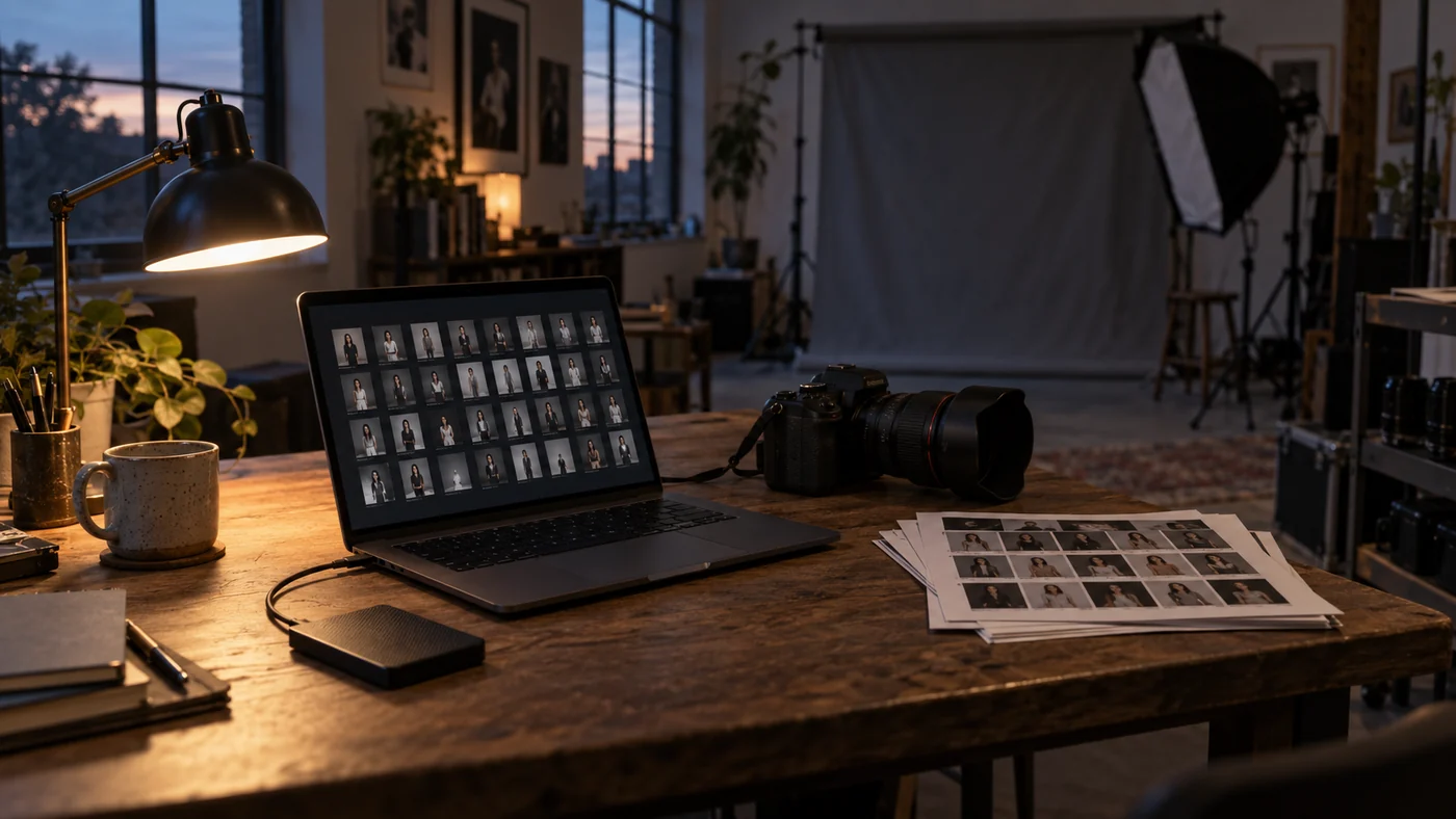 AI-generated illustration of a portrait photographer’s editing desk with a laptop, external drive, camera and printed contact sheets at dusk