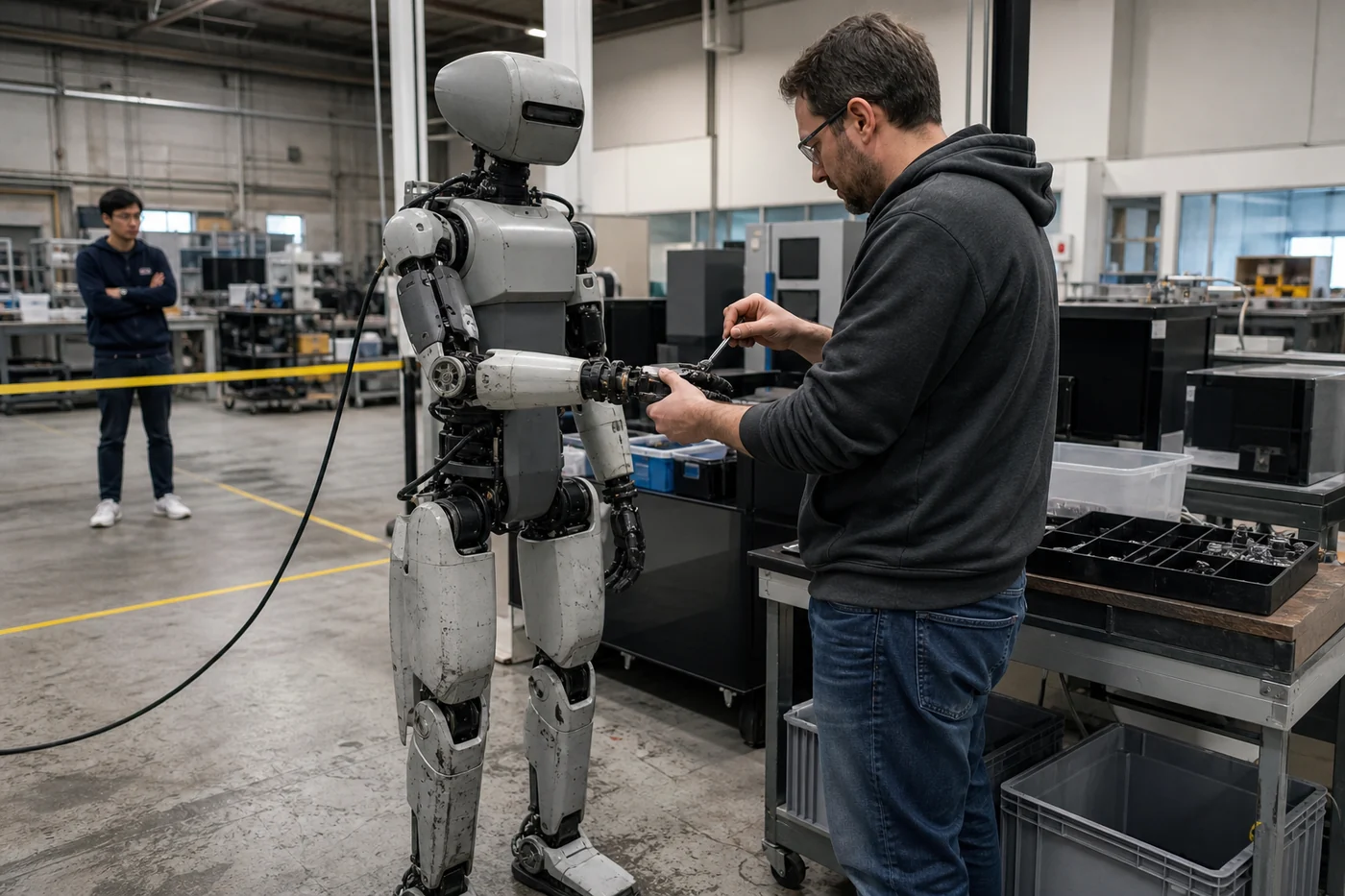 A technician adjusts a humanoid robot’s wrist during a supervised work test in an industrial robotics lab.