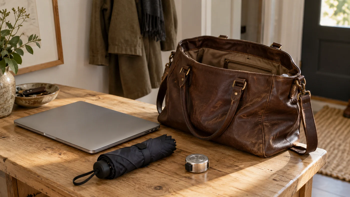 A worn brown leather bag sits open beside a closed laptop, folded umbrella and tape measure on a sunlit entryway table.