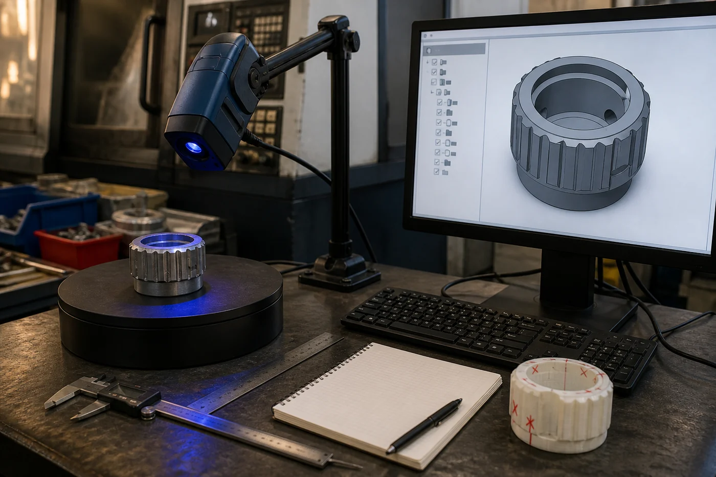 A machined metal ring is scanned on a workshop turntable while a matching editable CAD model appears on a nearby monitor beside calipers and a rejected test print.