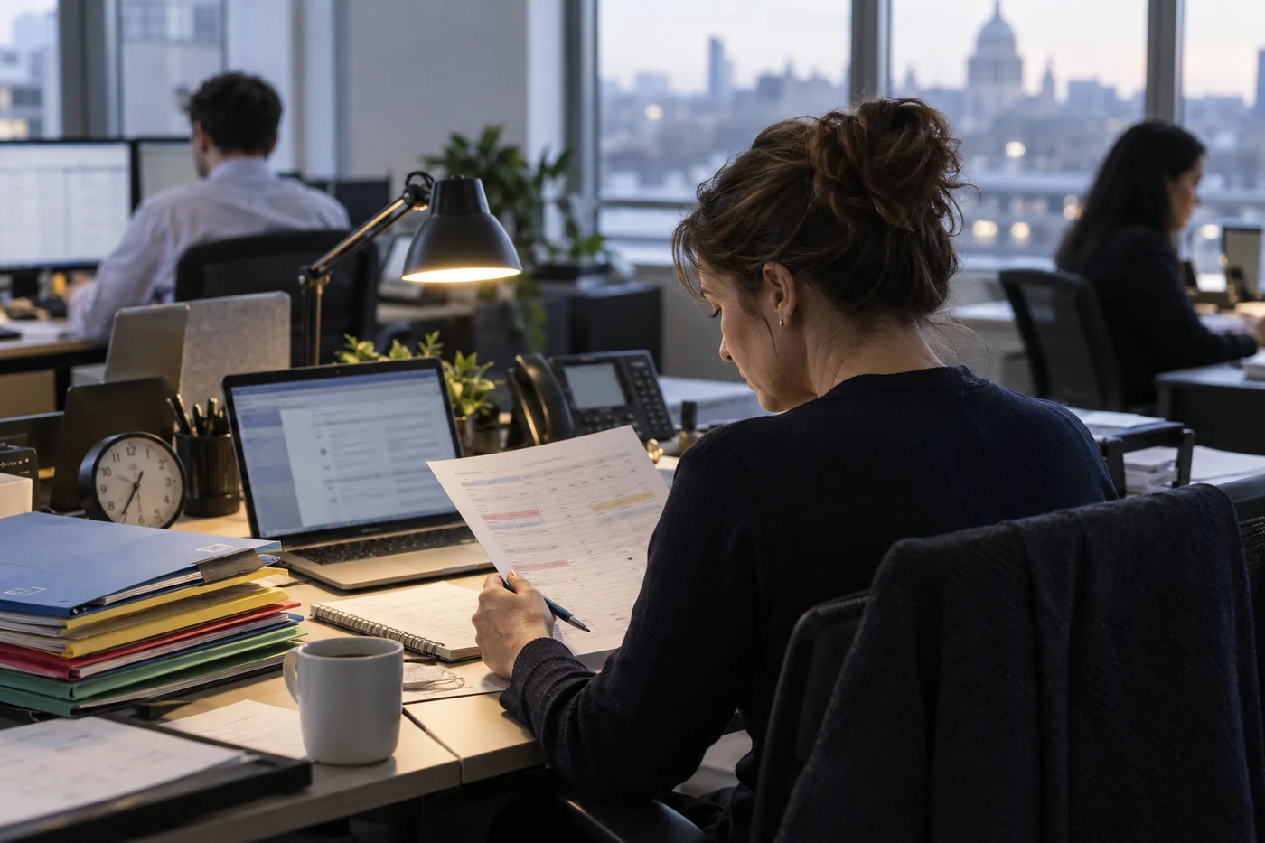 An operations specialist reviews a printed exception sheet at a desk with paper folders, a laptop and colleagues working behind her.