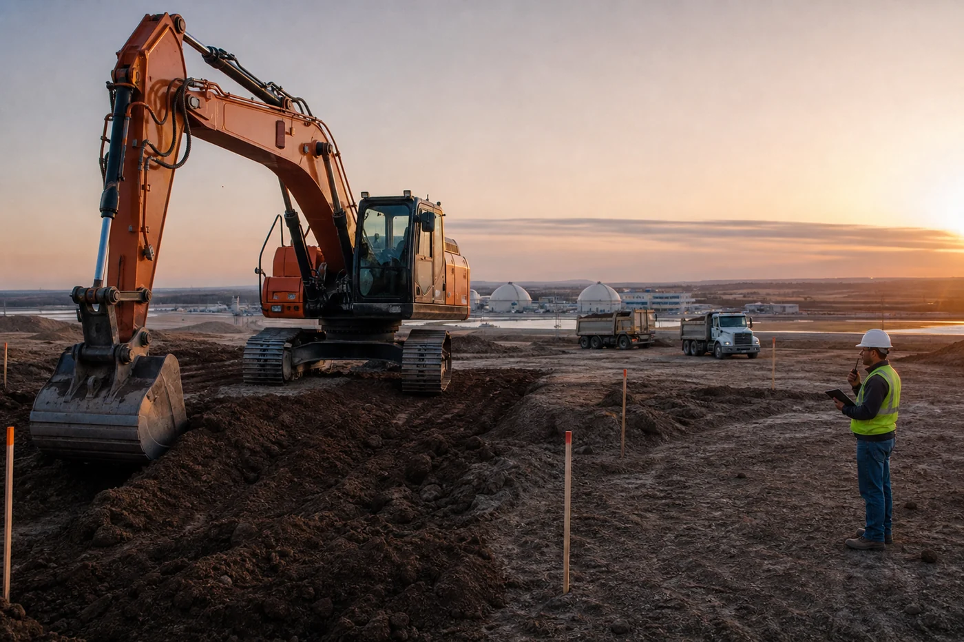 An empty-cab orange excavator works on a graded construction site while a foreman stands outside the work zone with a tablet and radio.