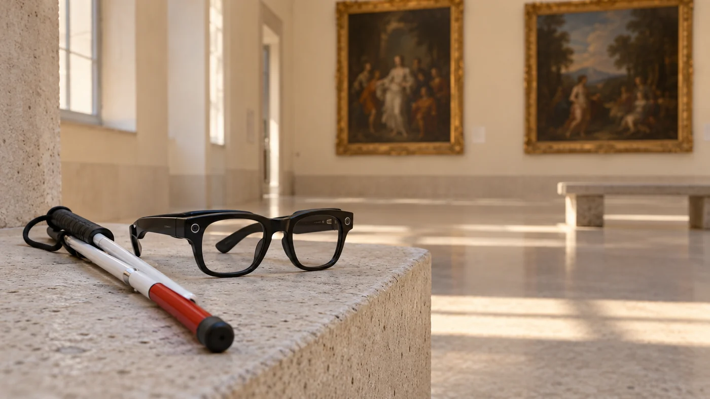Black smart glasses and a folded white cane on a stone bench in an imagined art gallery.