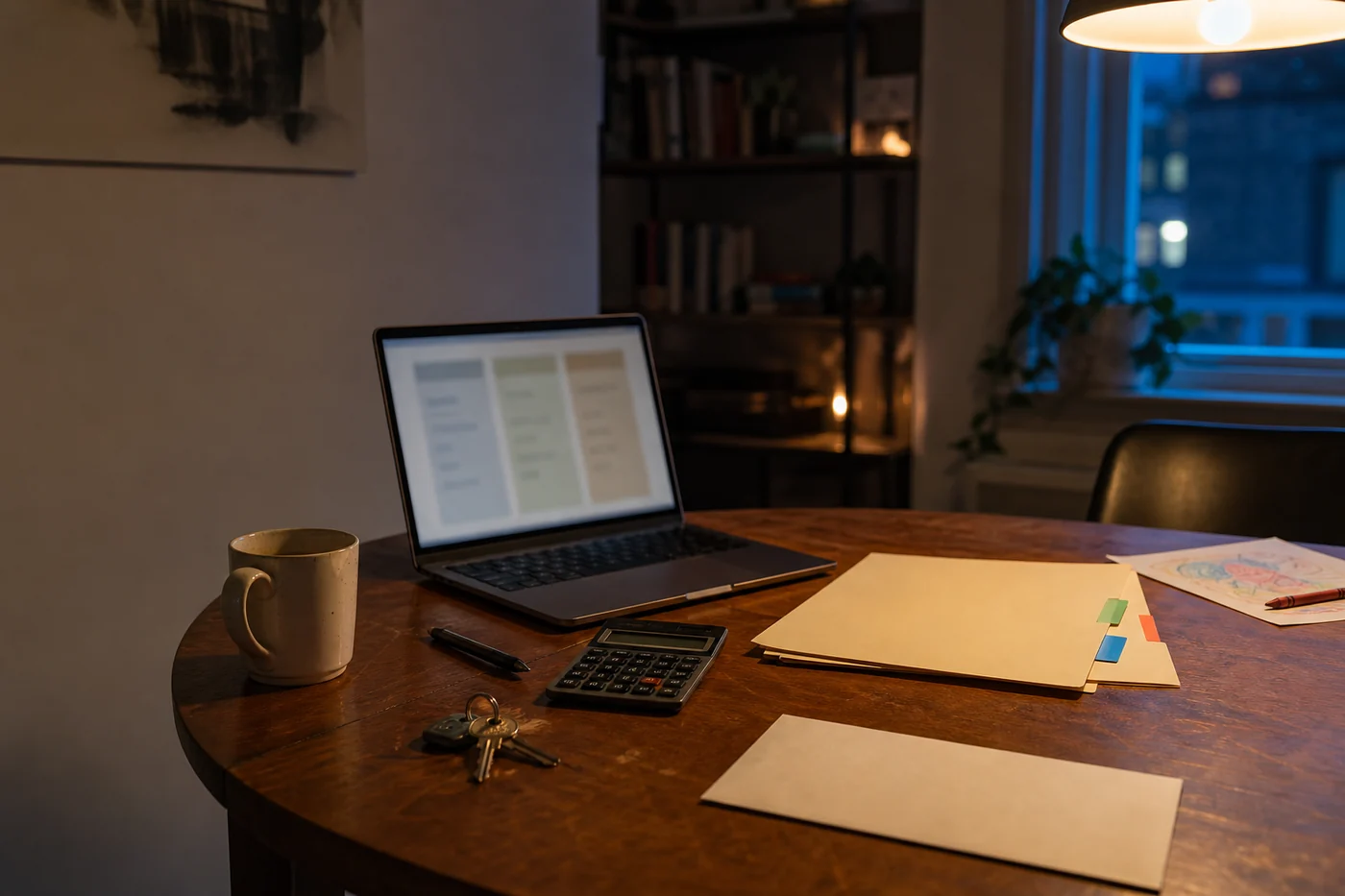 An evening kitchen table with a laptop, calculator, folders, keys and a child's drawing beside business paperwork.