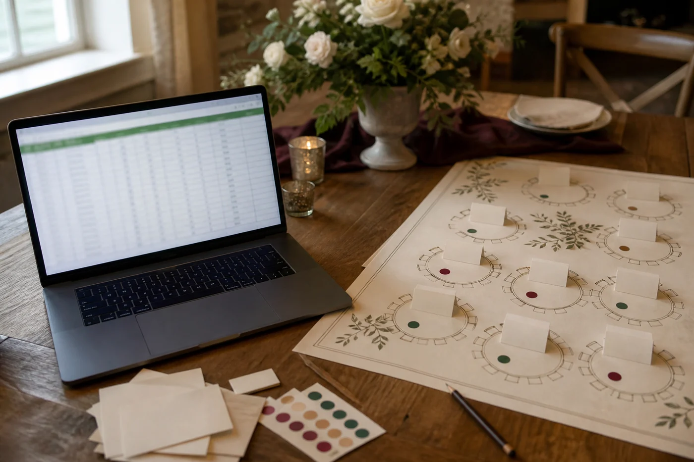 A laptop with a blurred spreadsheet beside a paper wedding seating plan with movable place cards.