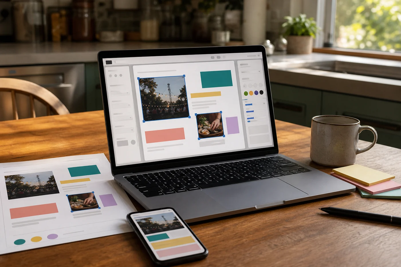 A laptop on a kitchen table shows an event website being edited visually beside a paper layout and mobile preview.