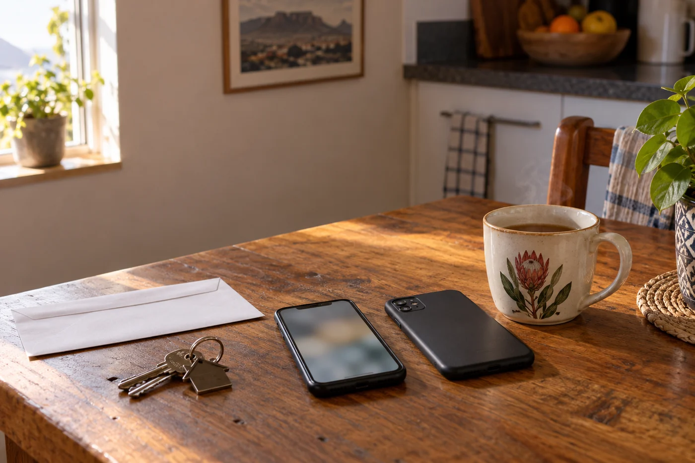 Two unbranded phones beside tea, keys and an envelope on a sunlit kitchen table.