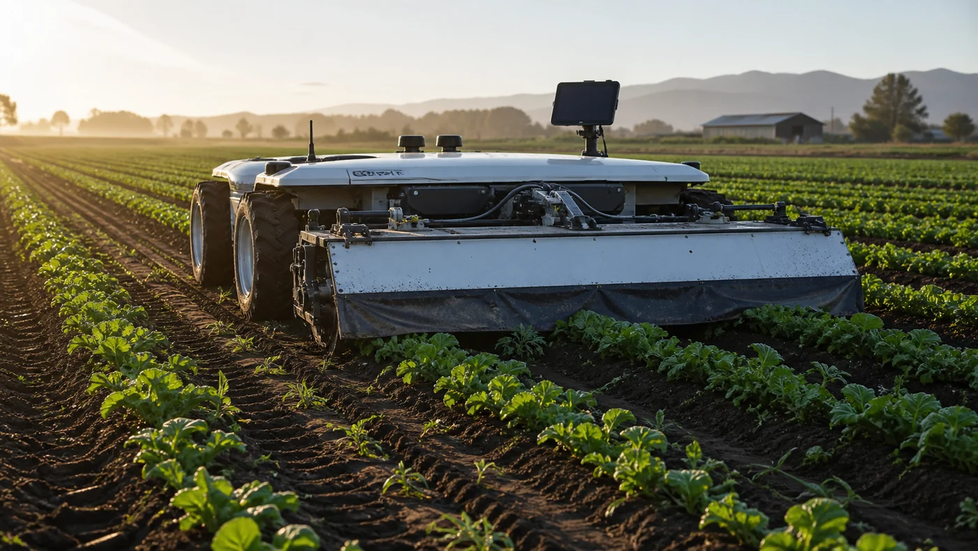 An autonomous laser-weeding machine moving between rows of leafy greens at sunrise.