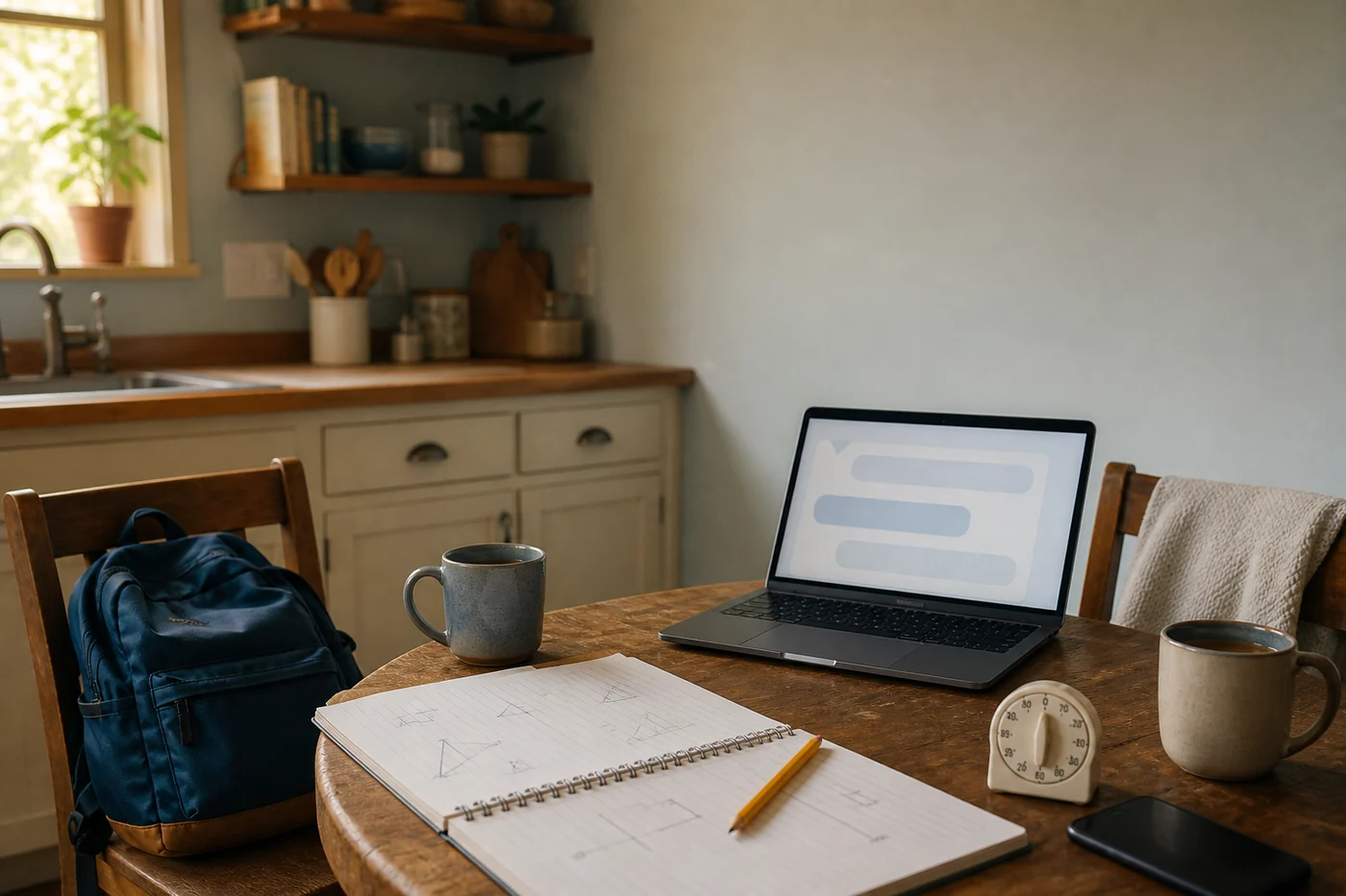 A school backpack, open geometry notebook, laptop, timer and two mugs sit on a family kitchen table after school.