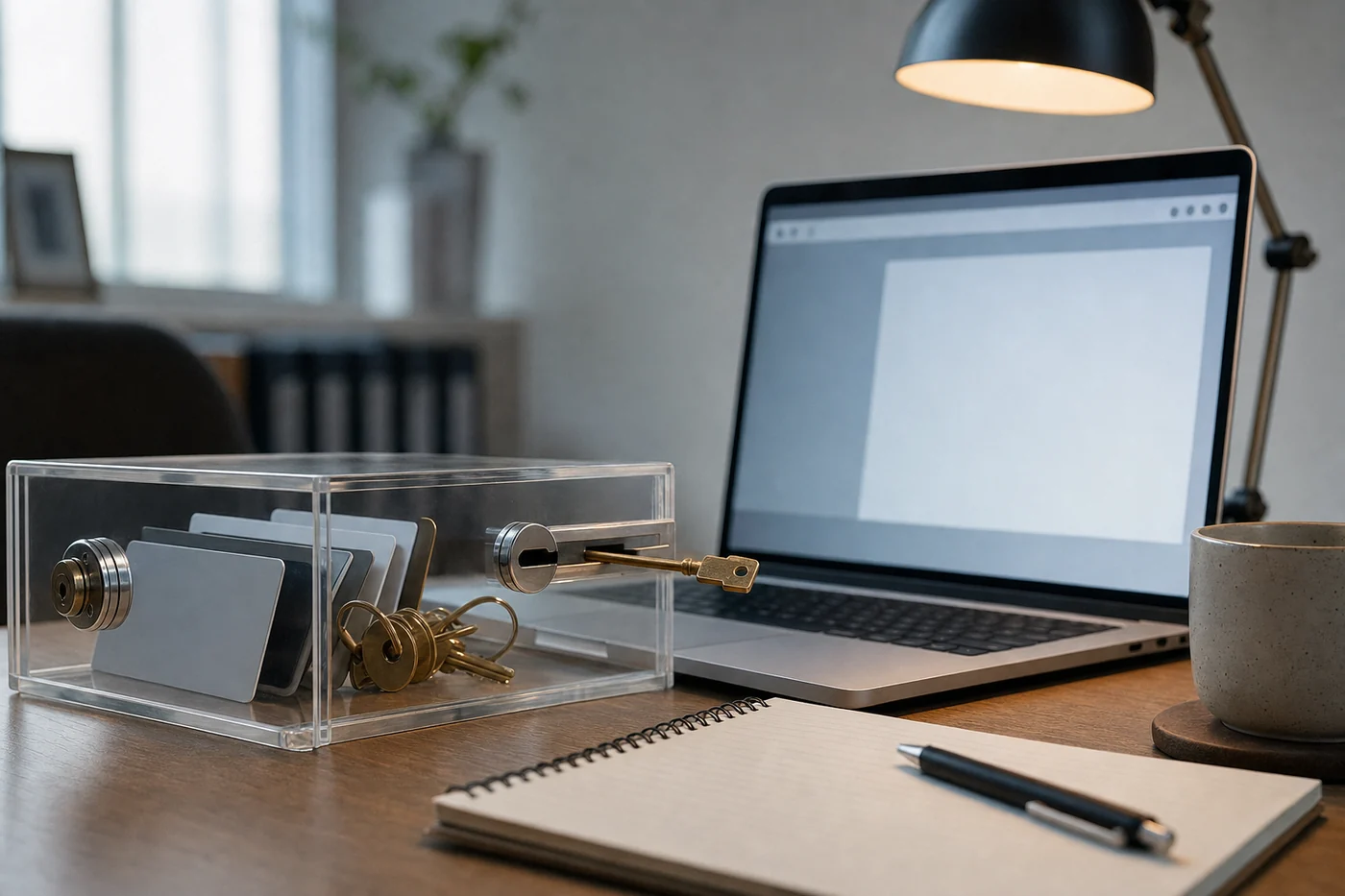 A single brass key extends from a locked clear box toward a laptop while the rest of the keys remain enclosed.