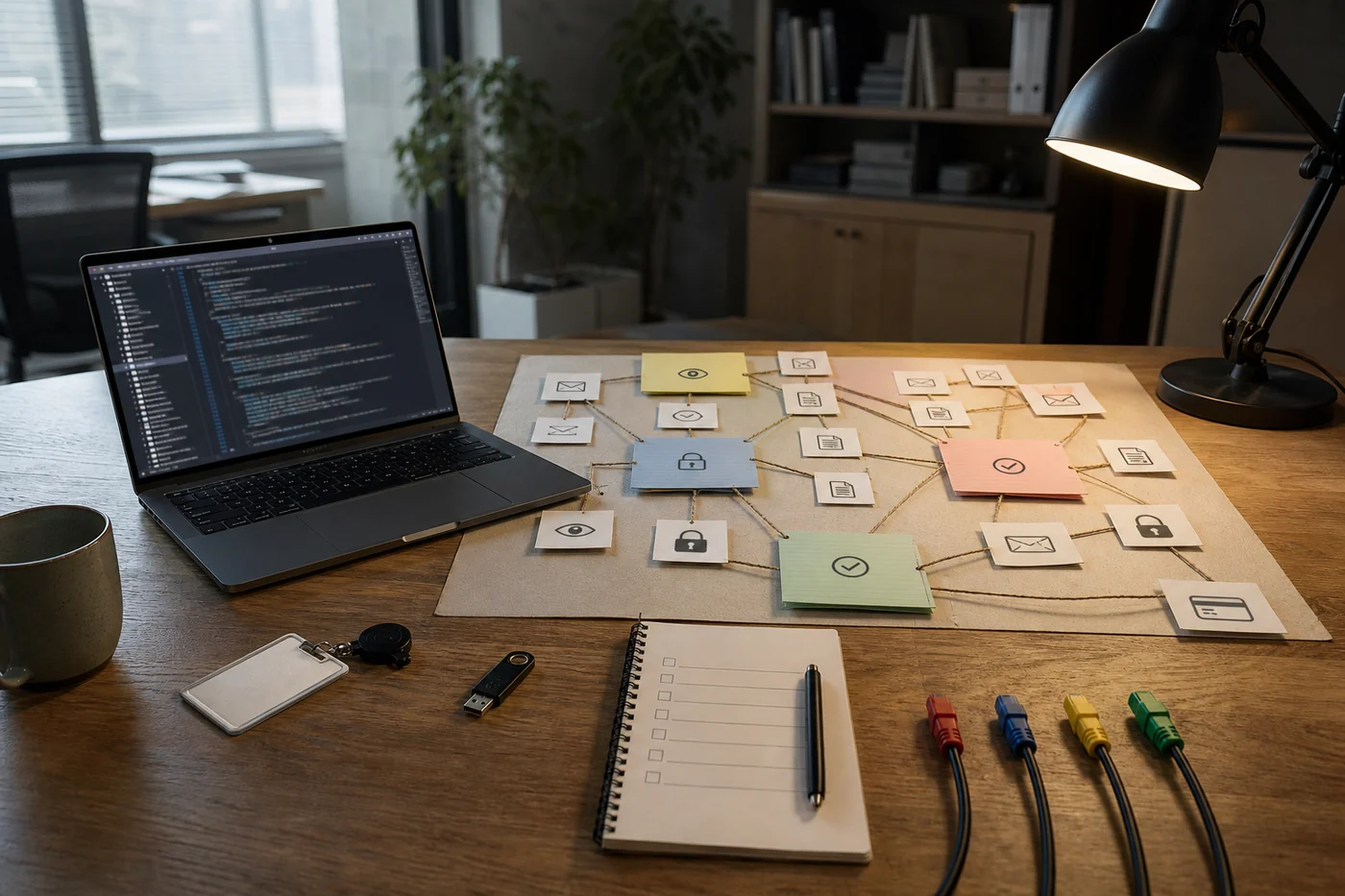 An open-source code repository sits beside a much larger physical map of company processes, permissions and system connections on an IT rollout desk.