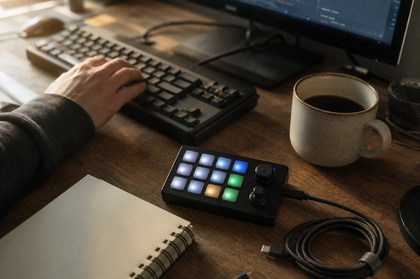 A compact illuminated macro keypad beside a normal keyboard, notebook, coffee mug, and USB-C cable on a working desk.