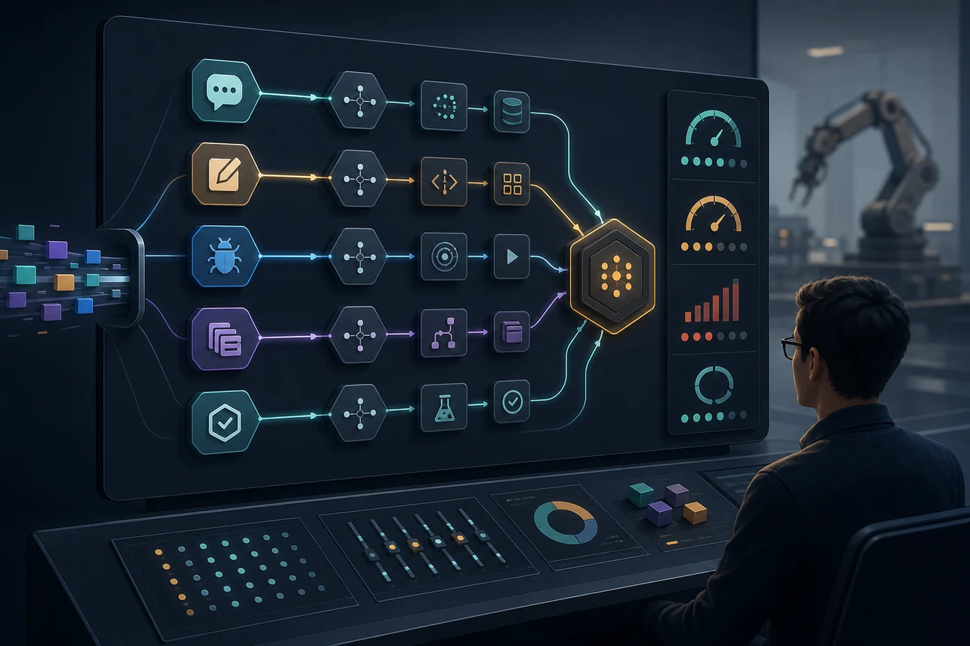 An operator watches coding-agent tasks route through model and tool lanes on a dispatch console, with a robot arm in the background