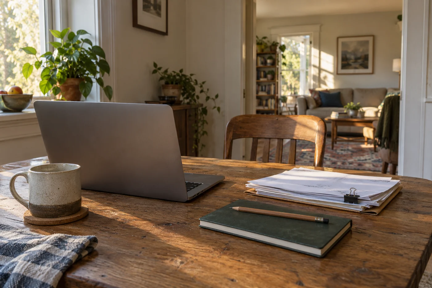 A laptop and a clipped stack of paperwork on a dining table, with an empty chair and a sunny living room beyond.