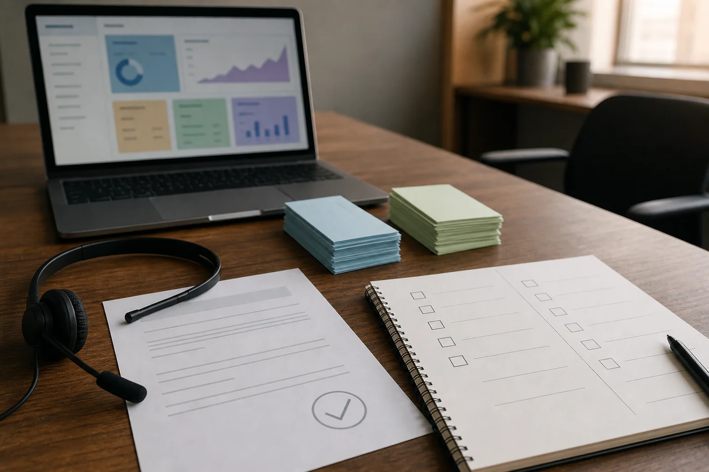A realistic customer support desk with a headset, blank refund form, colored ticket stacks, checklist notebook, and a blurred support dashboard on a laptop.