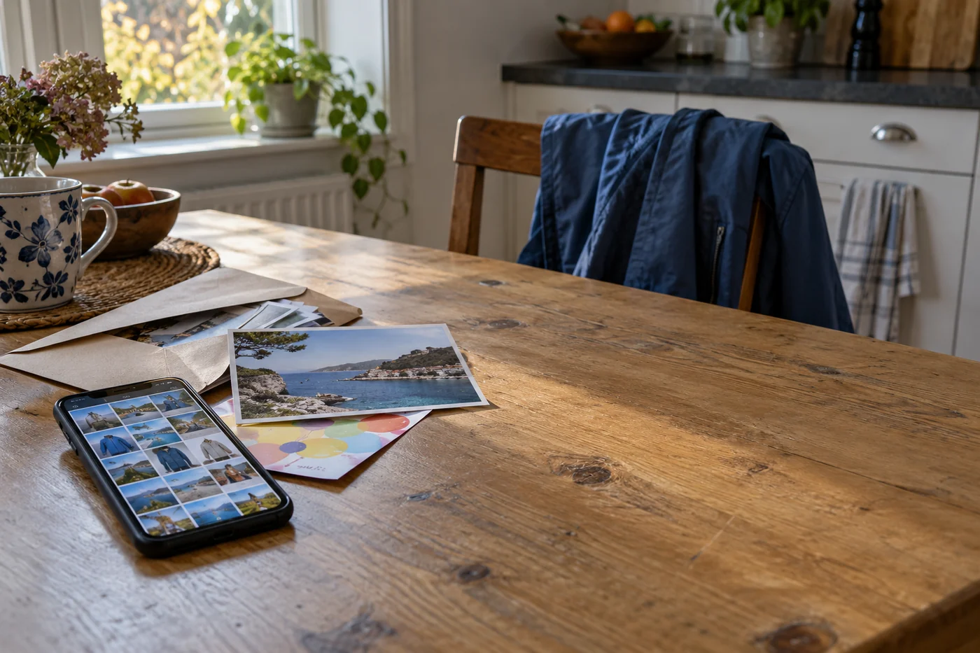 AI-generated illustration of a phone photo library beside printed holiday snapshots and a party invitation on a sunlit kitchen table