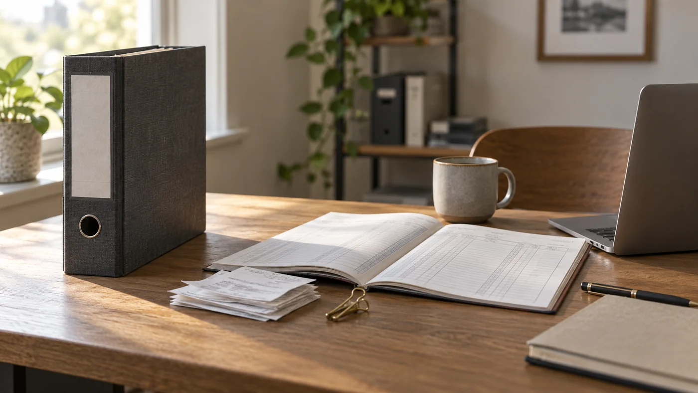 A closed archive binder beside an open ledger, receipts and a laptop on a sunlit accounting desk.