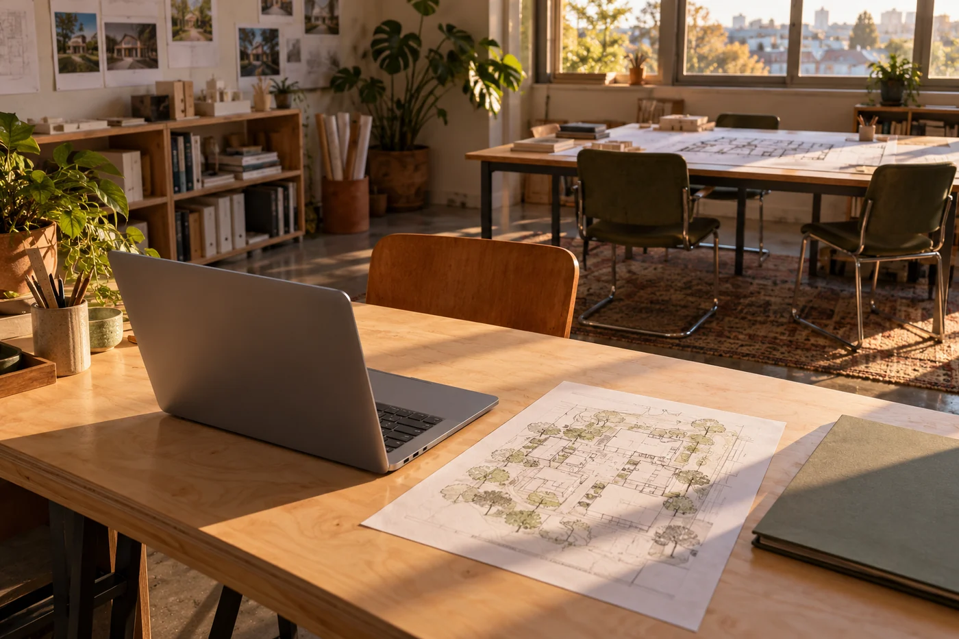 A laptop and site sketch on an individual desk, with shared architectural plans on a table across the studio.