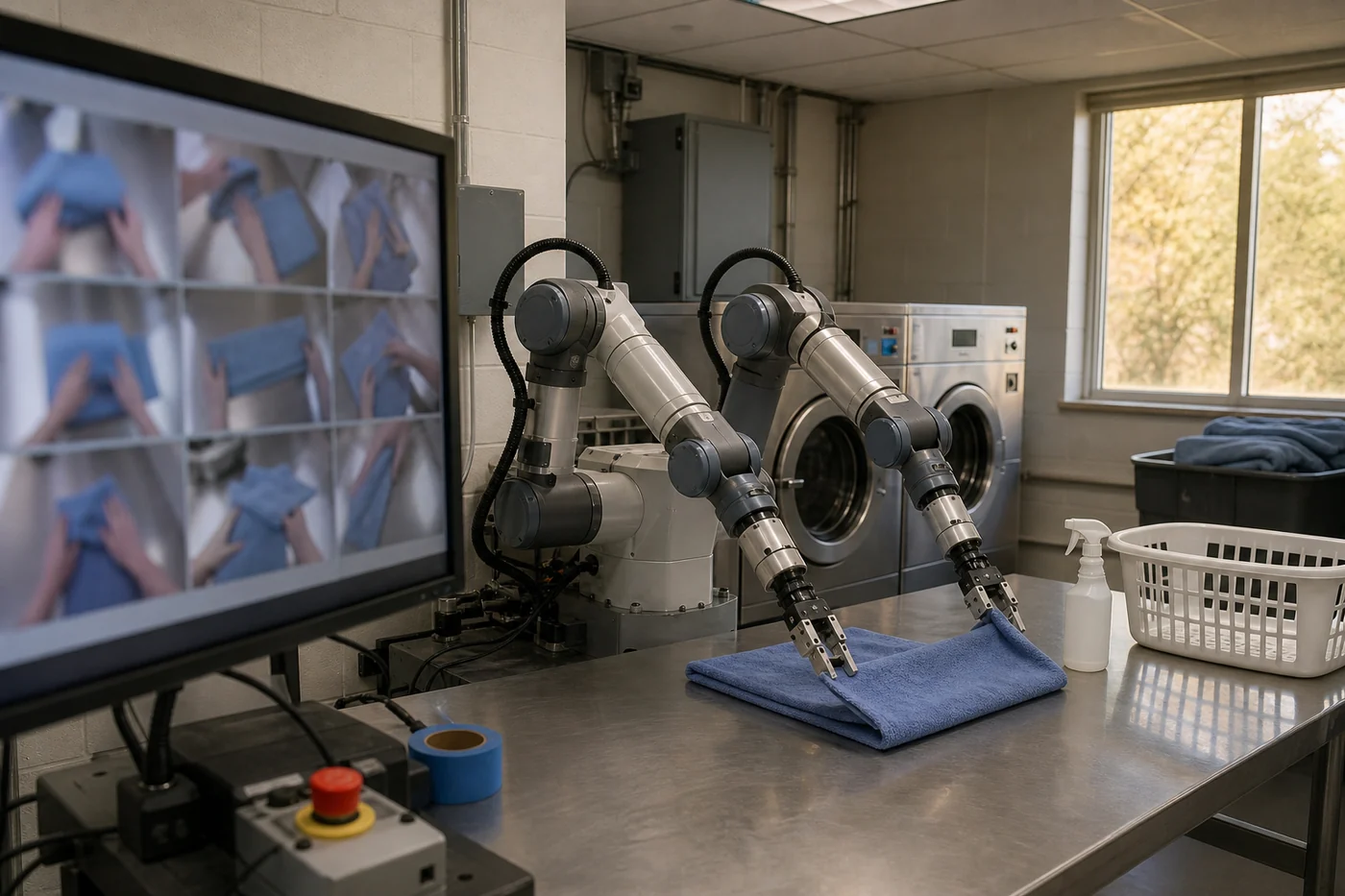 A two-arm robot folds a blue towel in a laundry test bay beside a monitor showing blurred first-person demonstrations.