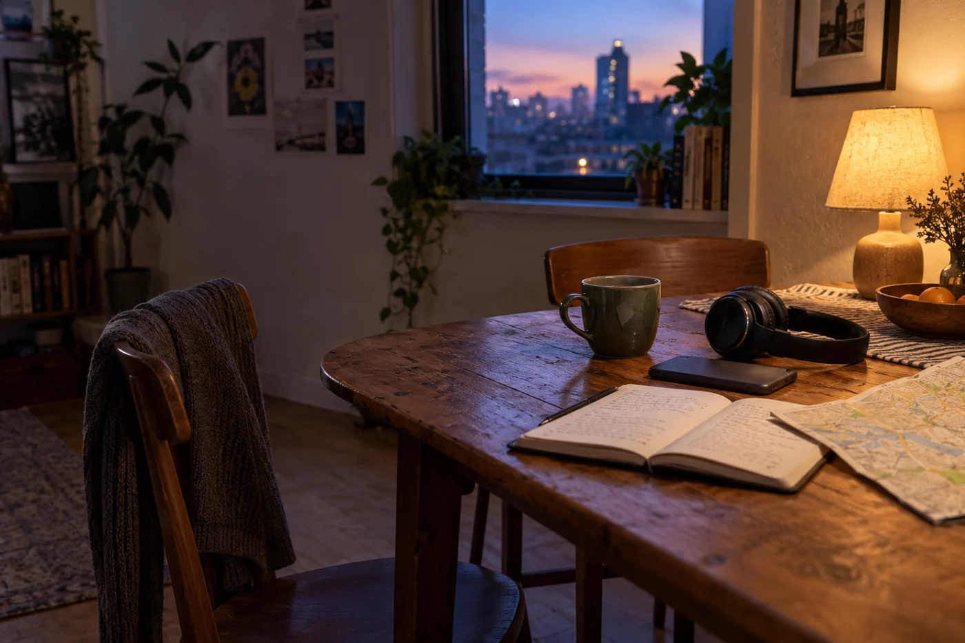 Headphones, a phone, a notebook and a folded street map on a dining table beside a warm lamp at dusk.