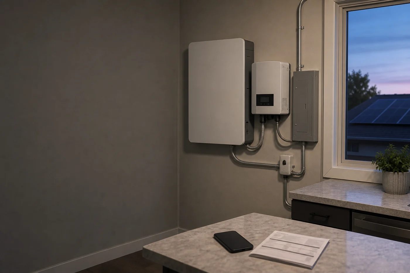A home battery, solar inverter and electrical panel in a quiet kitchen-adjacent utility room at dusk.