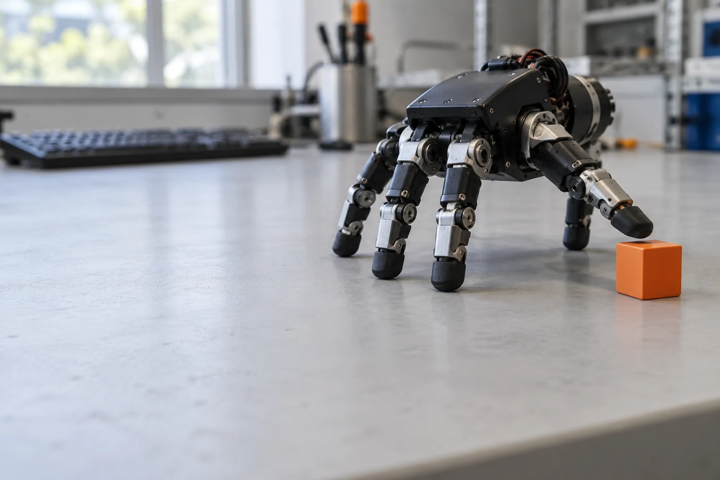 An imagined mechanical hand supports itself on articulated fingers beside an orange cube on a laboratory bench.