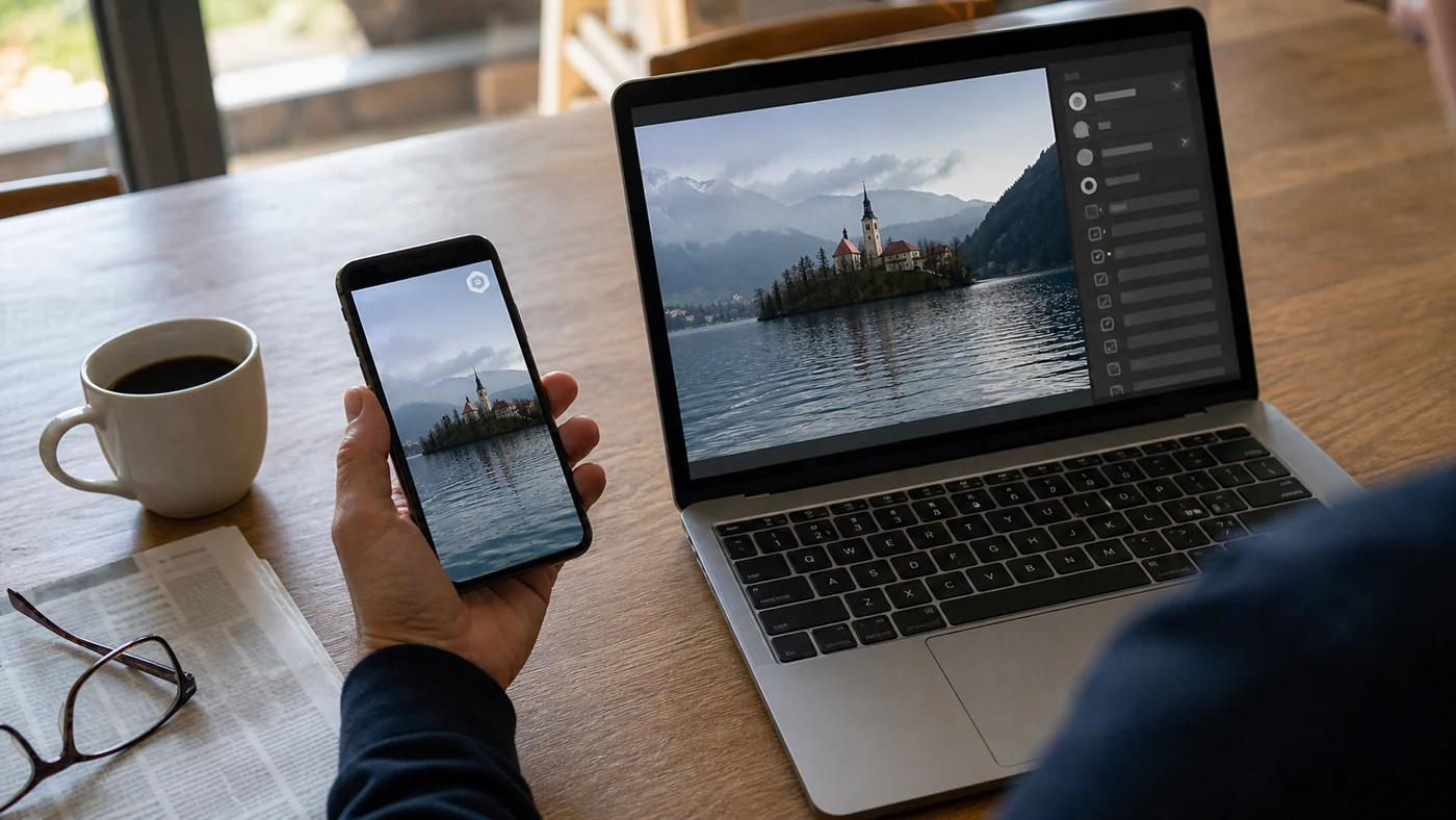 A person compares the same landscape image on a phone with a visible disclosure badge and on a laptop with an unlabeled provenance panel.