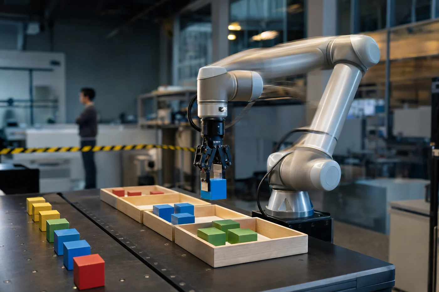 A collaborative robot arm moves continuously while sorting colored wooden blocks into trays in a university robotics lab.