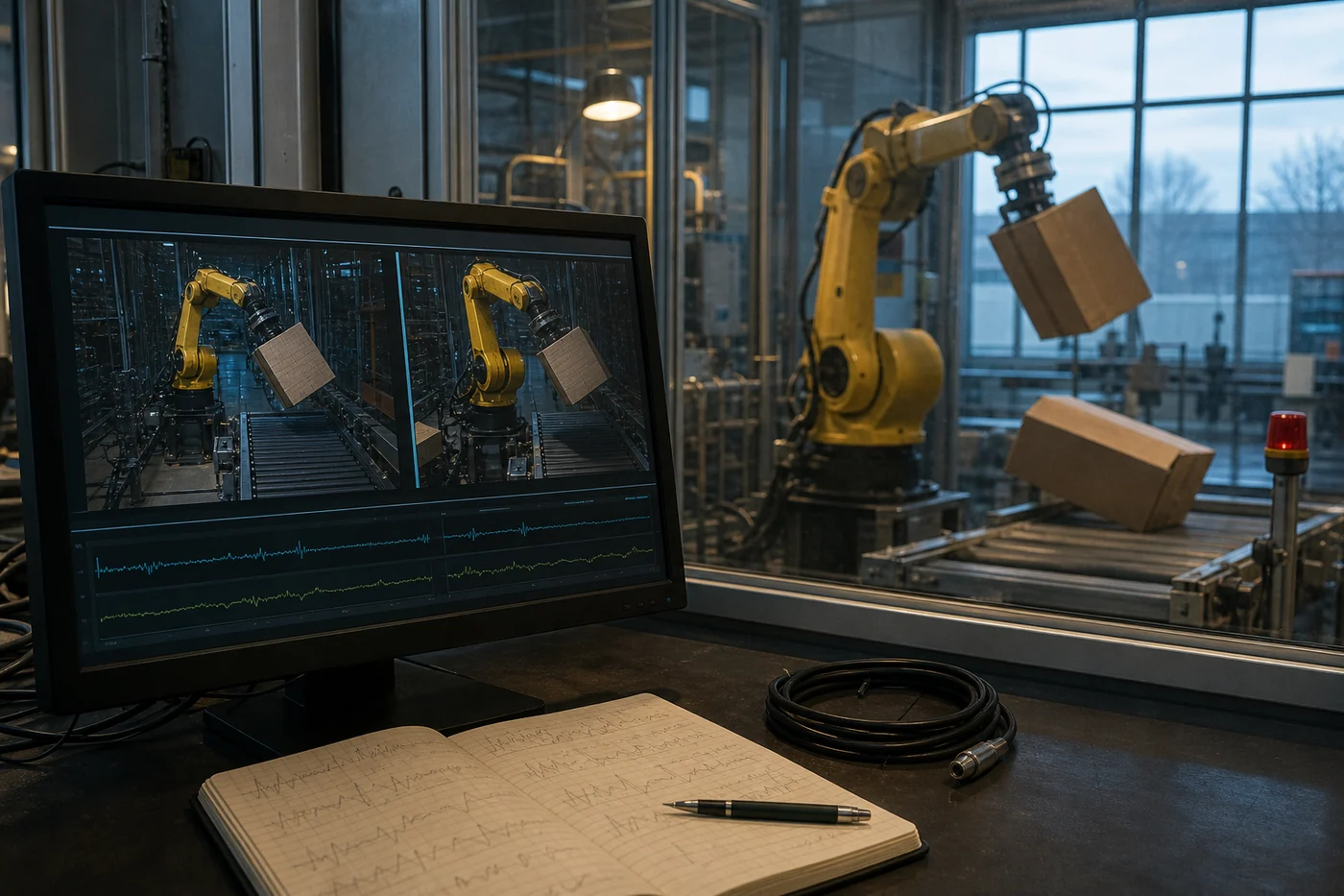 A robotics lab workstation compares two recordings of an industrial robot holding a tilted box beside synchronized sensor traces.