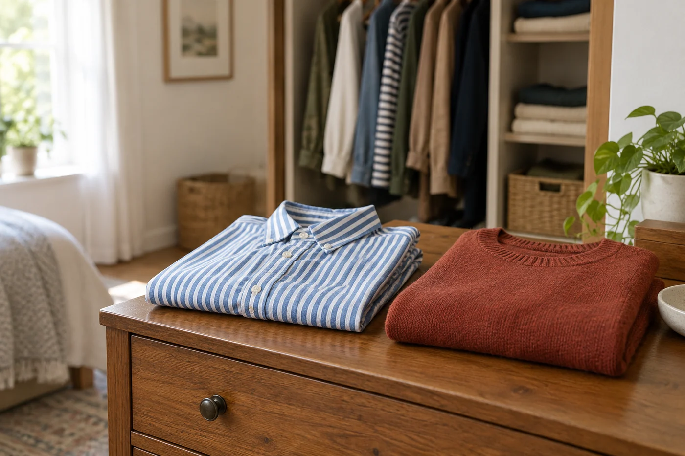 AI-generated illustration of a blue-and-white striped shirt and a rust-red sweater folded on a wooden dresser.