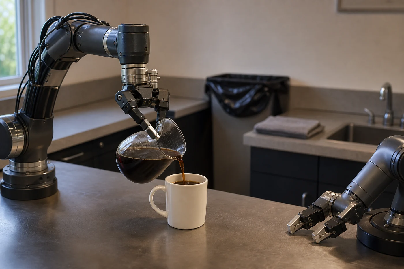 Two industrial robot arms at a break-room counter, with one pouring coffee into a white mug and stopping near the fill line.