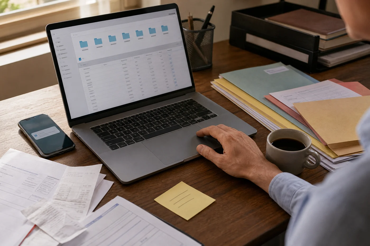A desk with an open laptop showing folders, a phone notification, paper invoices, and a hand near the trackpad.