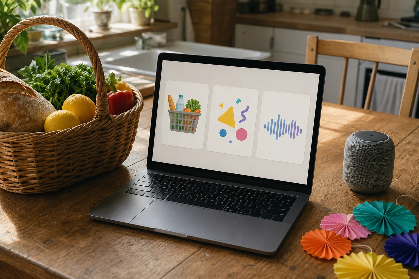 A kitchen table with groceries, party decorations and a speaker beside a laptop showing three simple task cards.
