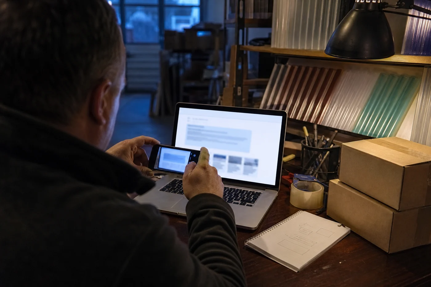 A building-supplies shop owner photographs a blurred search summary on a laptop in the back office.