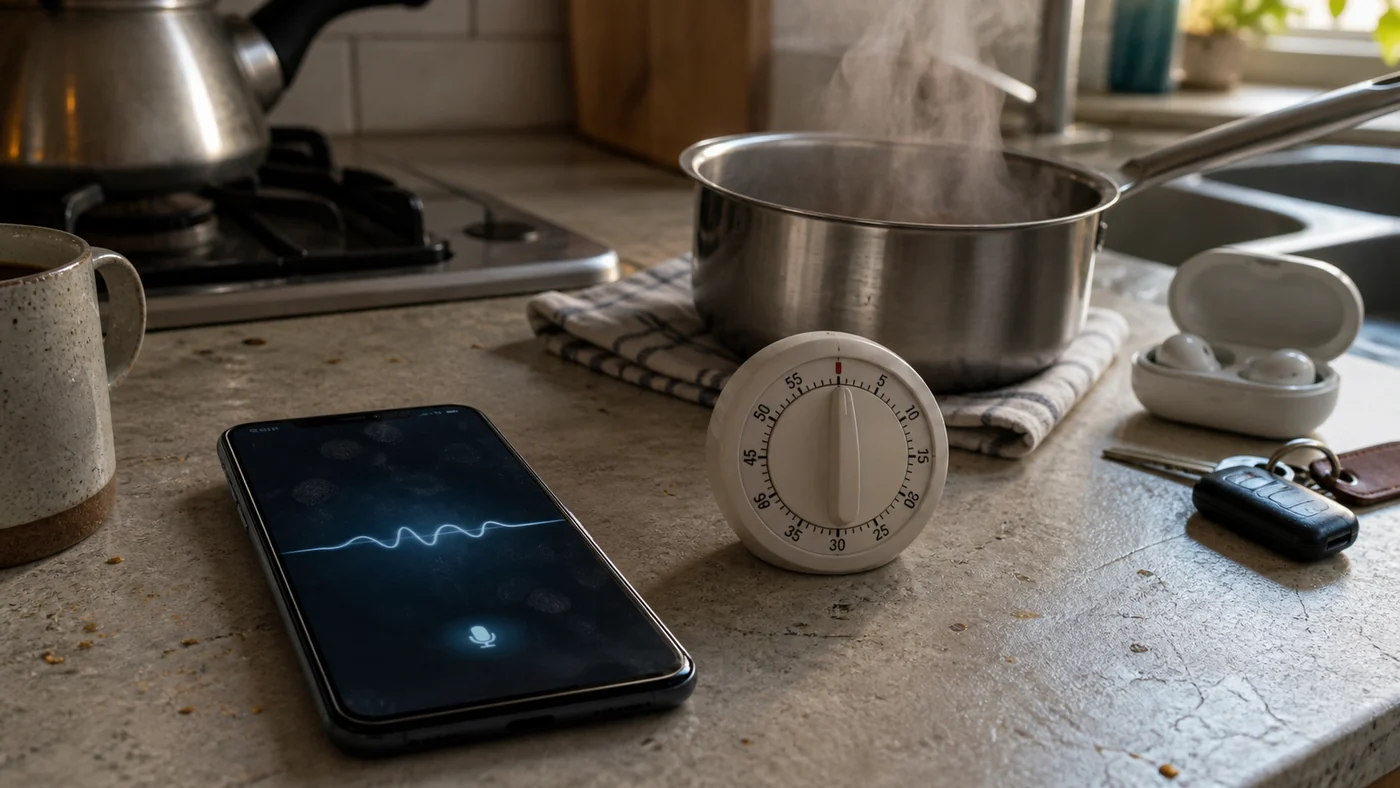 An unbranded phone listening on a kitchen counter beside a timer, steaming saucepan, earbuds and car keys.