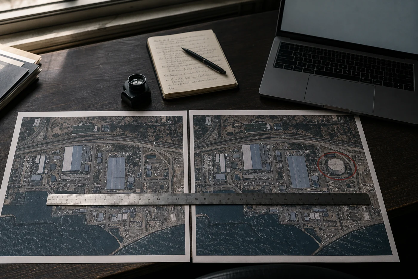 A generated editorial image of a fact-checker’s desk with two nearly identical aerial prints, one containing a suspicious added structure circled in red.