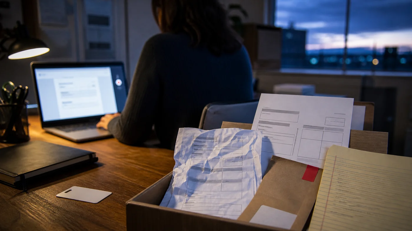A small-business worker demonstrates a laptop task while clean, crumpled and handwritten documents wait in an exception tray.