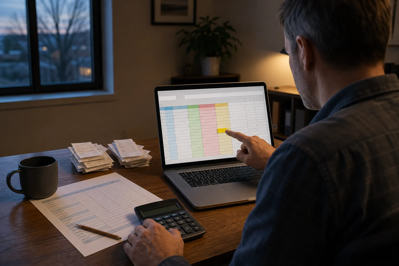 A small-business owner checks a highlighted spreadsheet cell on a laptop beside a calculator, paper worksheet and receipts.