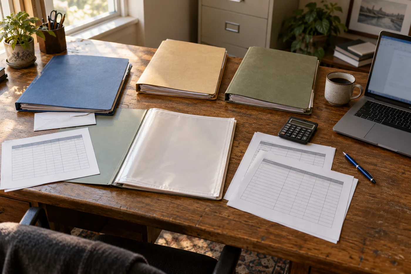 Client folders, blank timesheet tables, a calculator and an open document sleeve on an accountant’s sunlit desk.