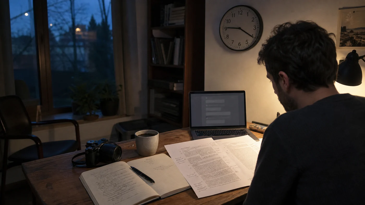 A creator pauses at a home-office desk with printed research papers, a notebook, camera and a dimmed laptop at blue hour.