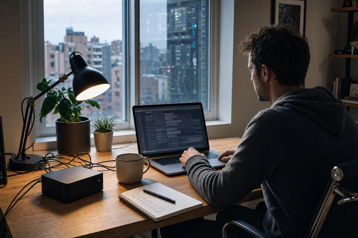 A person works at a home-office desk with a laptop, a compact local computer, a notebook, and a tangle of ordinary cables.