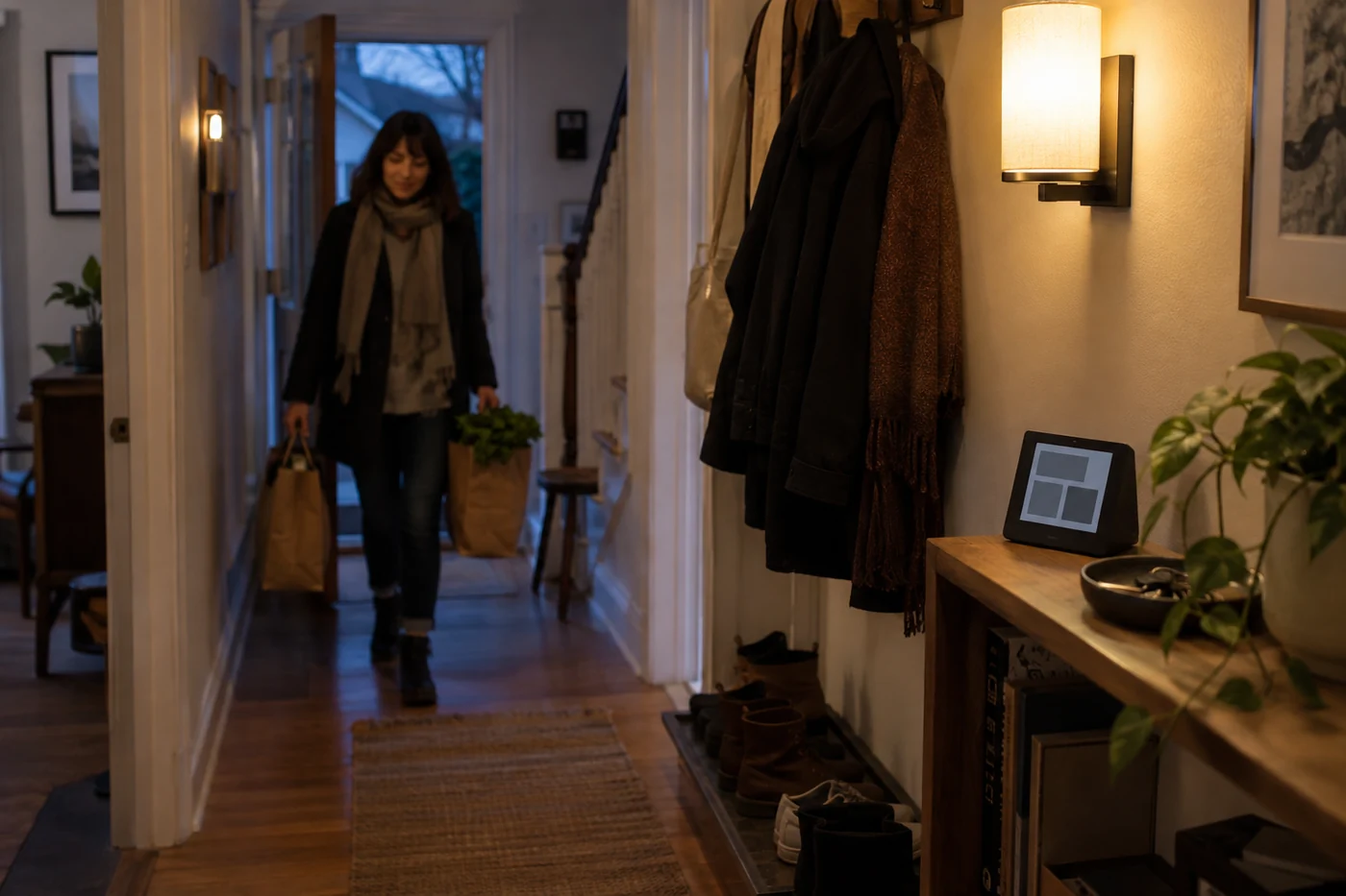A person arriving home with grocery bags in a hallway lit by a warm wall lamp, beside a small unbranded home control display.